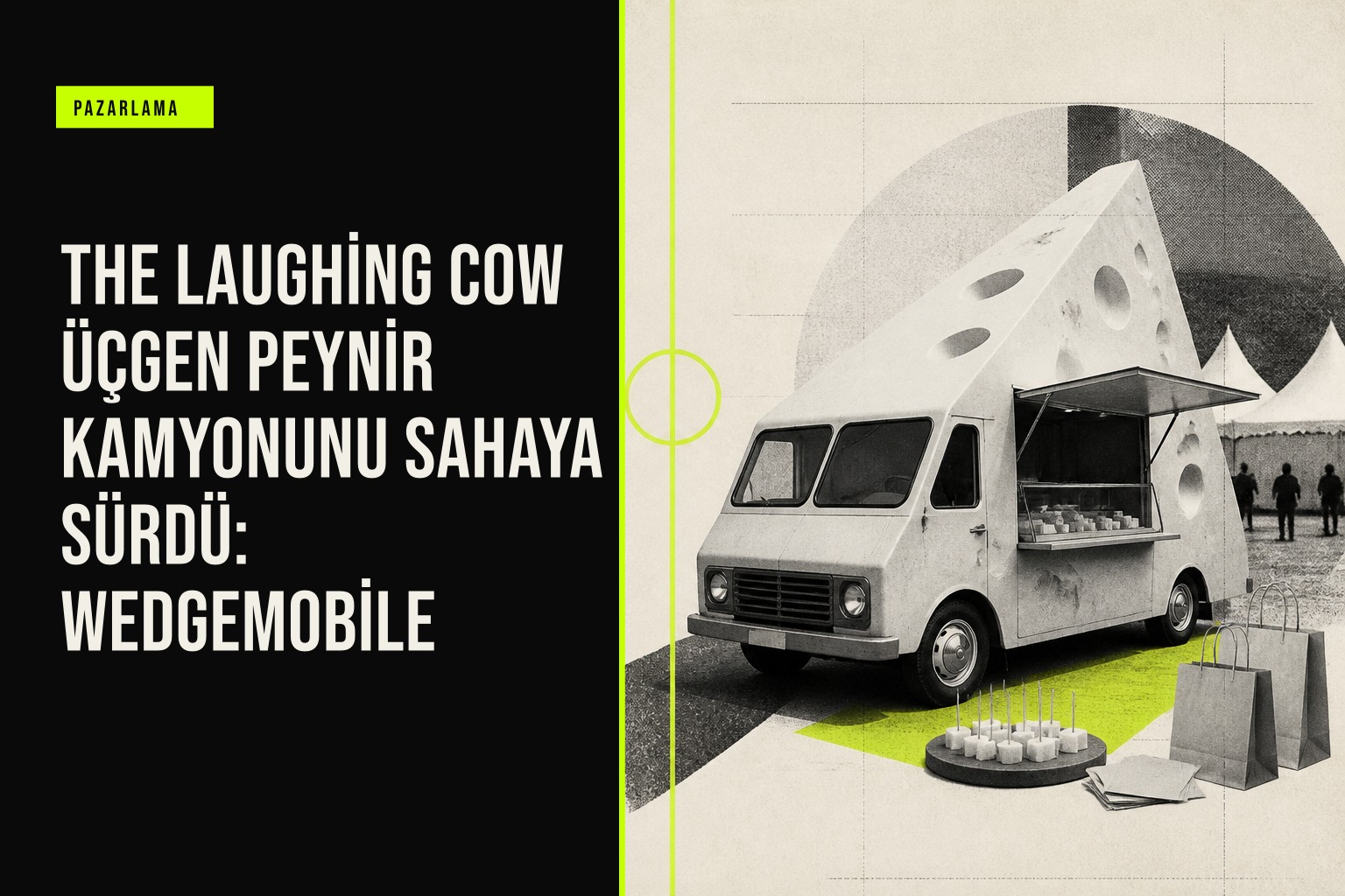 The Laughing Cow markasının üçgen peynir şeklinde Wedgemobile kamyonu Minneapolis Uptown Art Fair'de ziyaretçilere örnek dağıtıyor.
