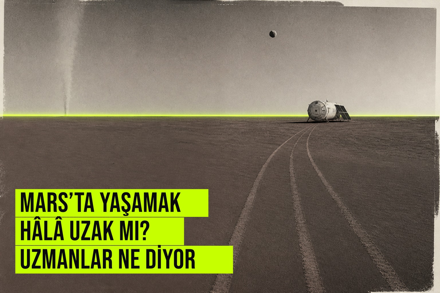Kızıl gezegen Mars'ın çukurlu yüzeyinde ilerleyen bir astronot ve uzakta gökyüzünde parlayan Dünya, gezegeni yaşanabilir hale getirme zorluklarını simgeliyor.