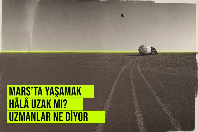 Kızıl gezegen Mars'ın çukurlu yüzeyinde ilerleyen bir astronot ve uzakta gökyüzünde parlayan Dünya, gezegeni yaşanabilir hale getirme zorluklarını simgeliyor.