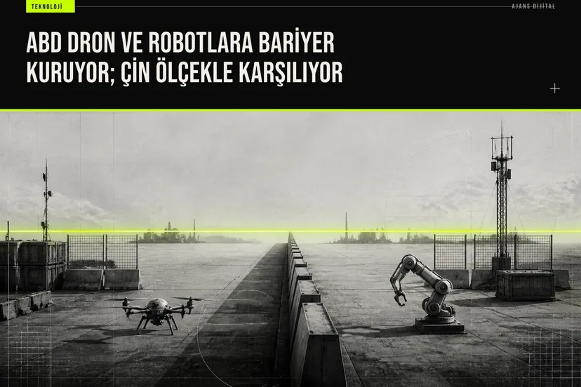 ABD’nin yabancı üretimi dron ve robot sistemlerine bariyer koymasını anlatan, küresel teknoloji rekabetini vurgulayan haber görseli