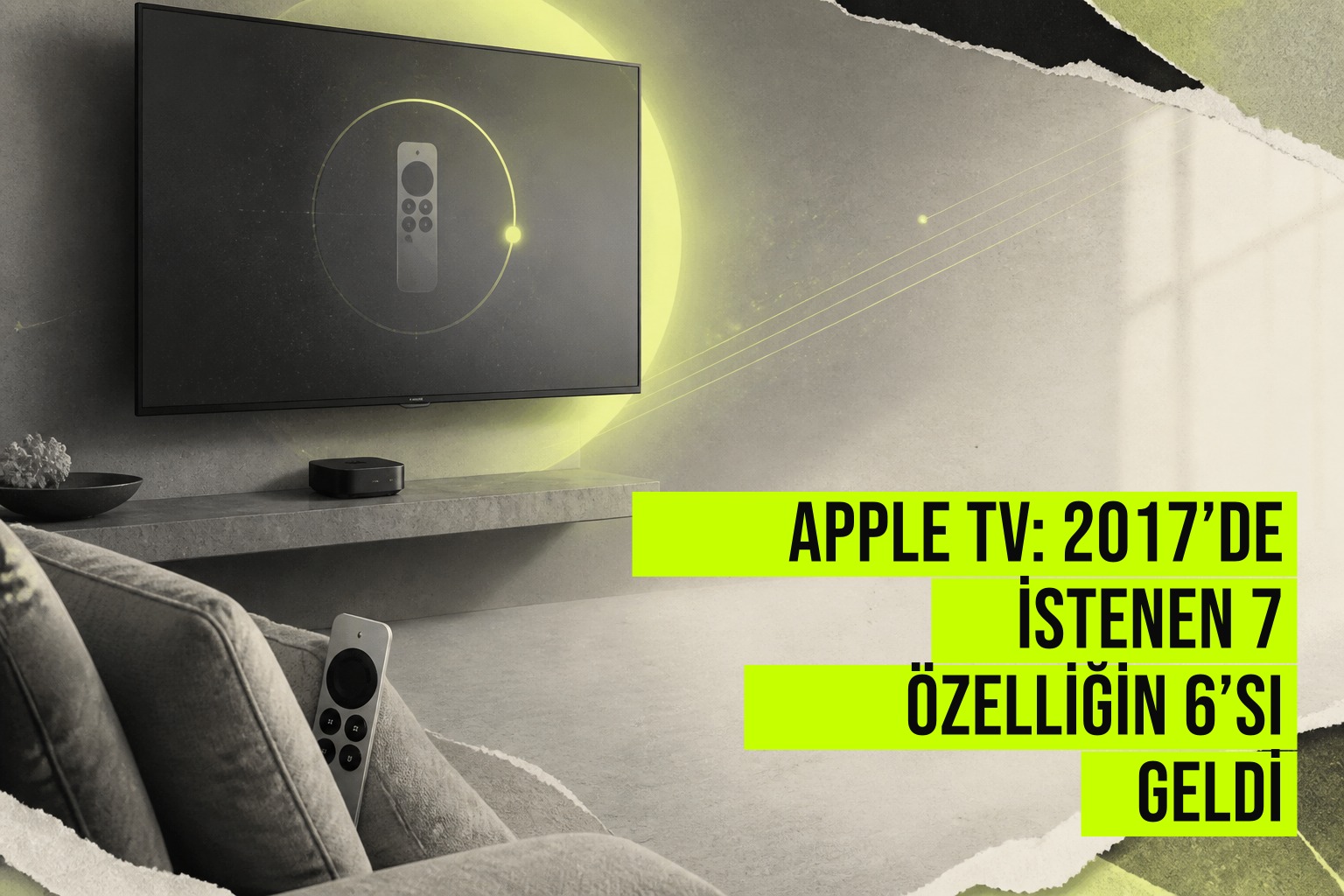 Apple TV 4K set üstü kutusu ve Siri Kumandası, tvOS 17 ile gelen kumandayı bul fonksiyonunu vurgulayan arayüz görüntüsü