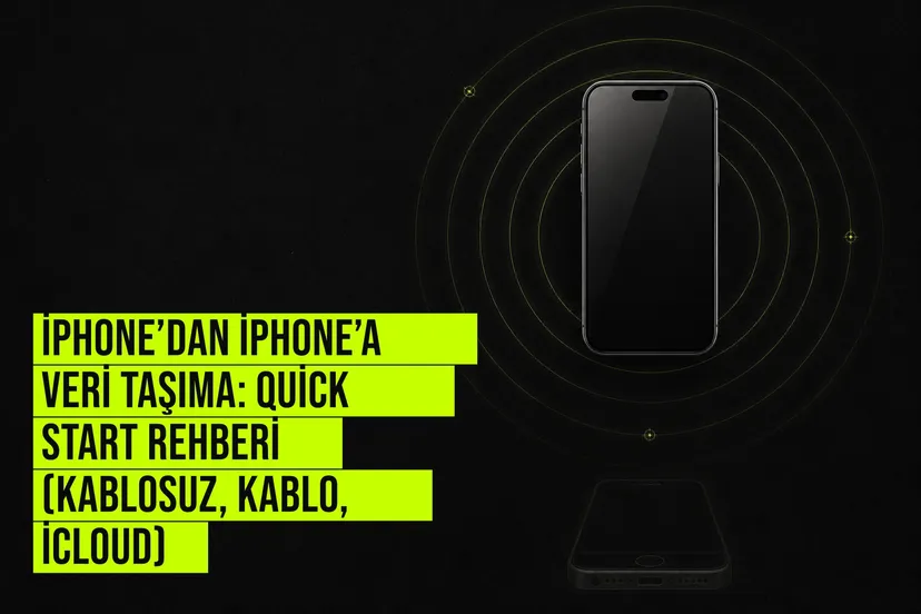Eski iPhone'dan yeniye Quick Start ile kablosuz ve kablolu veri aktarımı sürecini gösteren ekran görüntüleri ve adım adım rehber.