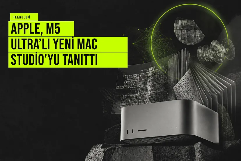 Apple'ın yeni M5 Ultra işlemcili Mac Studio masaüstü bilgisayarı, gölgelik zeminde sergileniyor.