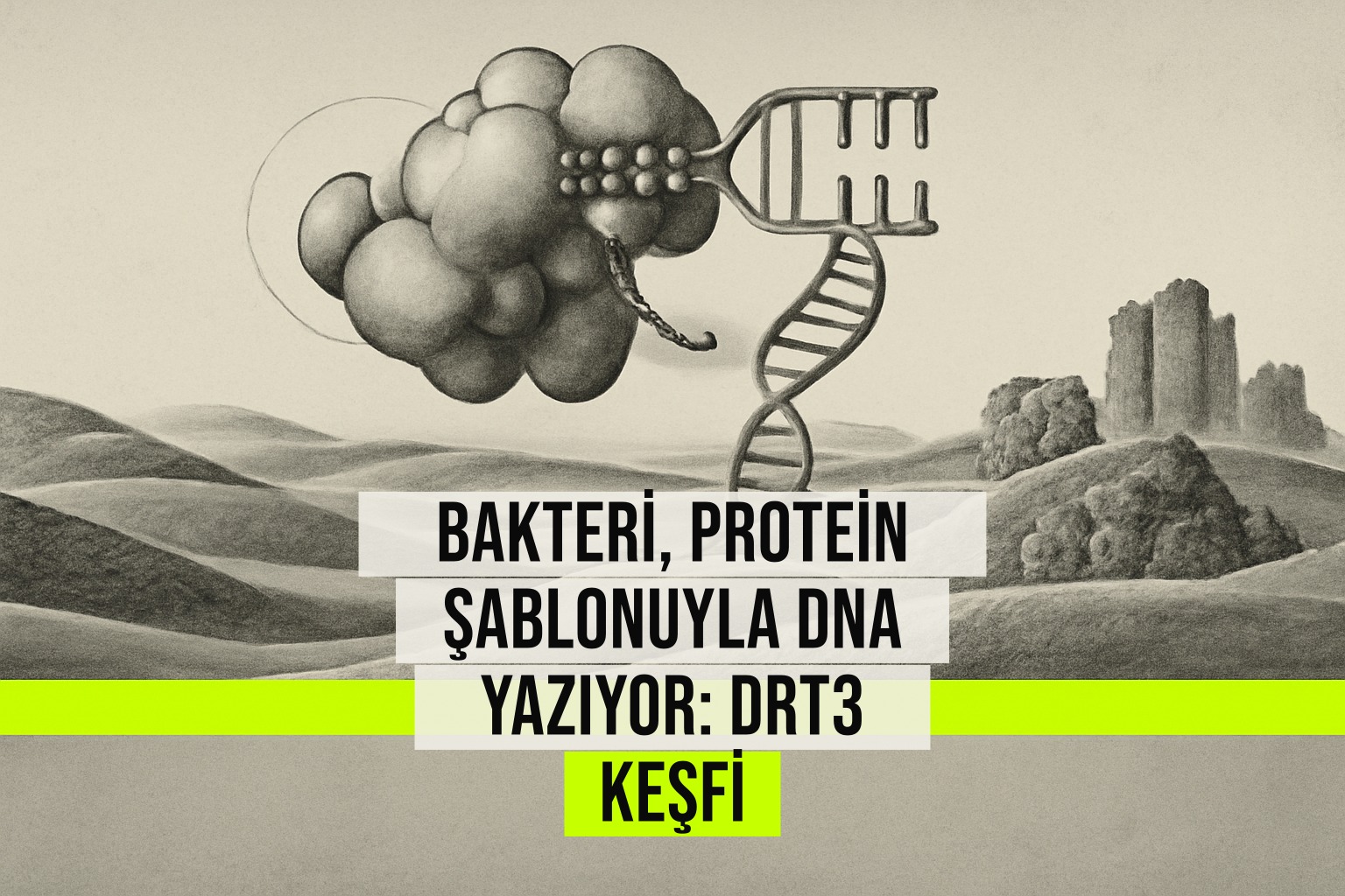 E. coli bakterisinde DRT3 sisteminin protein şablonuyla C-A tekrarlarından DNA sentezlediğini gösteren bilimsel illüstrasyon.