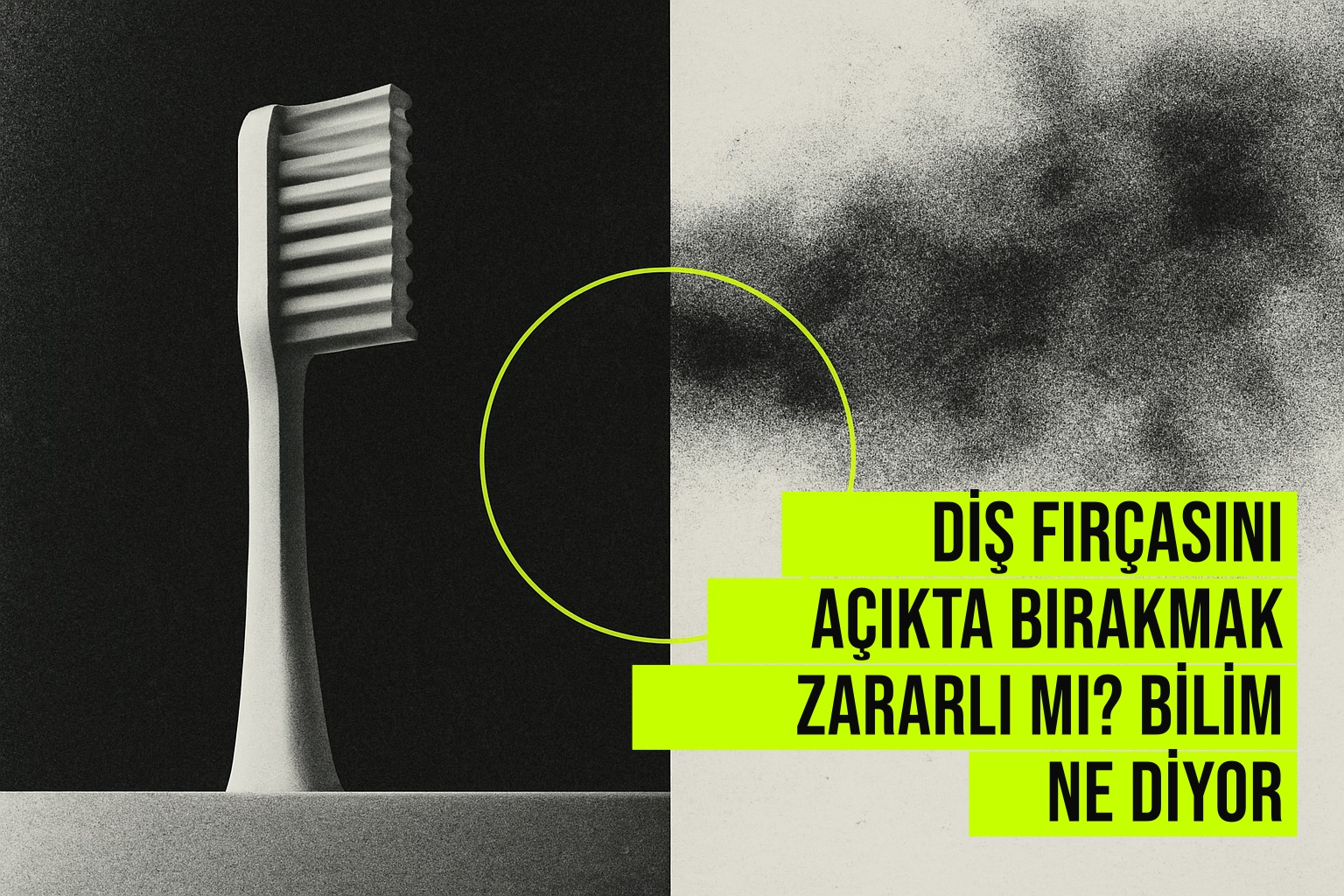 fotoğraf, bir banyoda açıkta bırakılmış diş fırçasının yanındaki su damlacıkları ve havaya yayılmış mikropların etkisini gösteriyor.