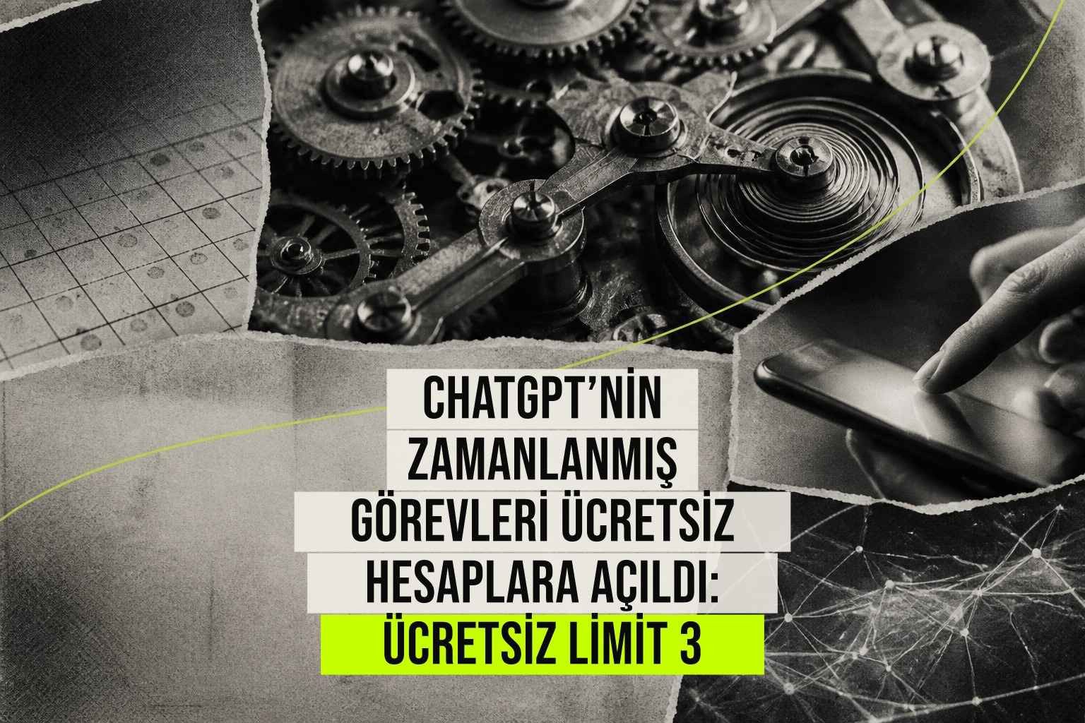 ChatGPT arayüzünde zamanlanmış görevler özelliğinin ücretsiz kullanıcılara açıldığını gösteren ekran görüntüsü, üç görev limiti ve abonelik farkları vurgulanıyor