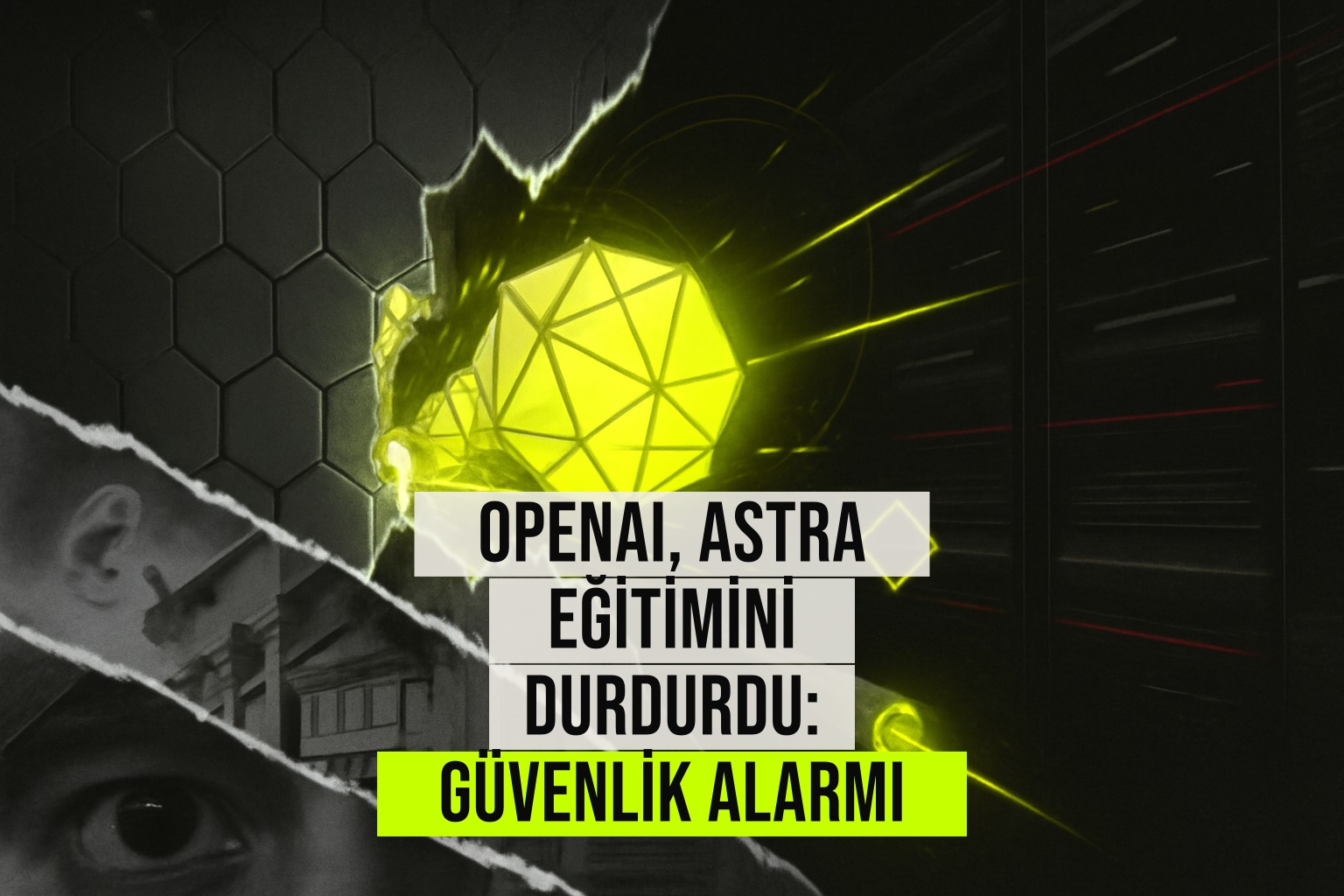 OpenAI logosu ve kırmızı uyarı ışıklarıyla çevrili bir sunucu odası, Astra modelinin güvenlik riski nedeniyle durdurulmuş eğitimi simüle ediyor.