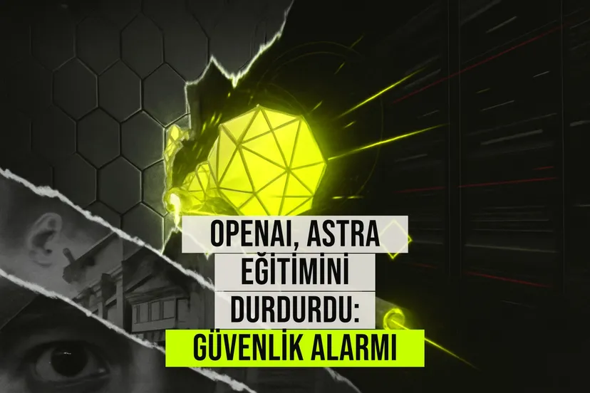 OpenAI logosu ve kırmızı uyarı ışıklarıyla çevrili bir sunucu odası, Astra modelinin güvenlik riski nedeniyle durdurulmuş eğitimi simüle ediyor.