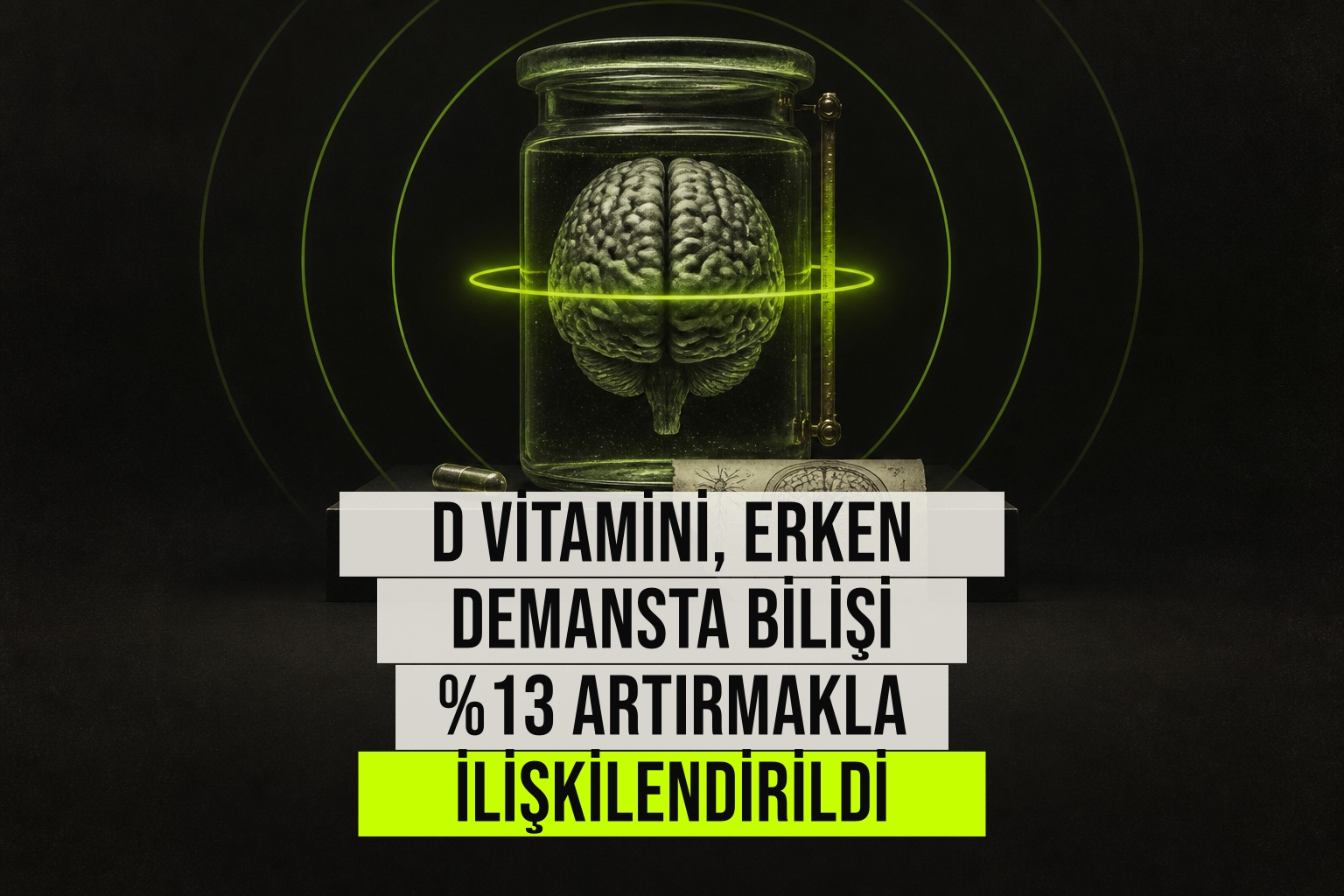 Vitamin D takviyesi şişesi ve beyin modeli yanında laboratuvar ortamında bilim insanları çalışıyor