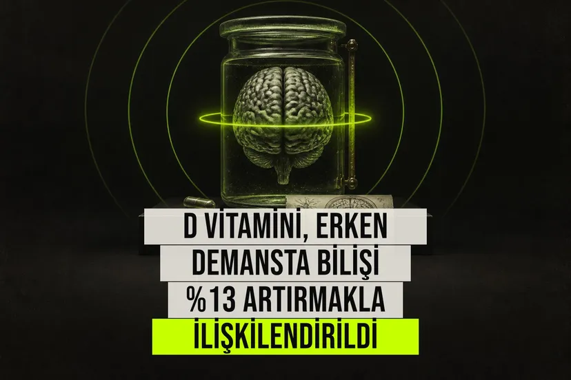 Vitamin D takviyesi şişesi ve beyin modeli yanında laboratuvar ortamında bilim insanları çalışıyor