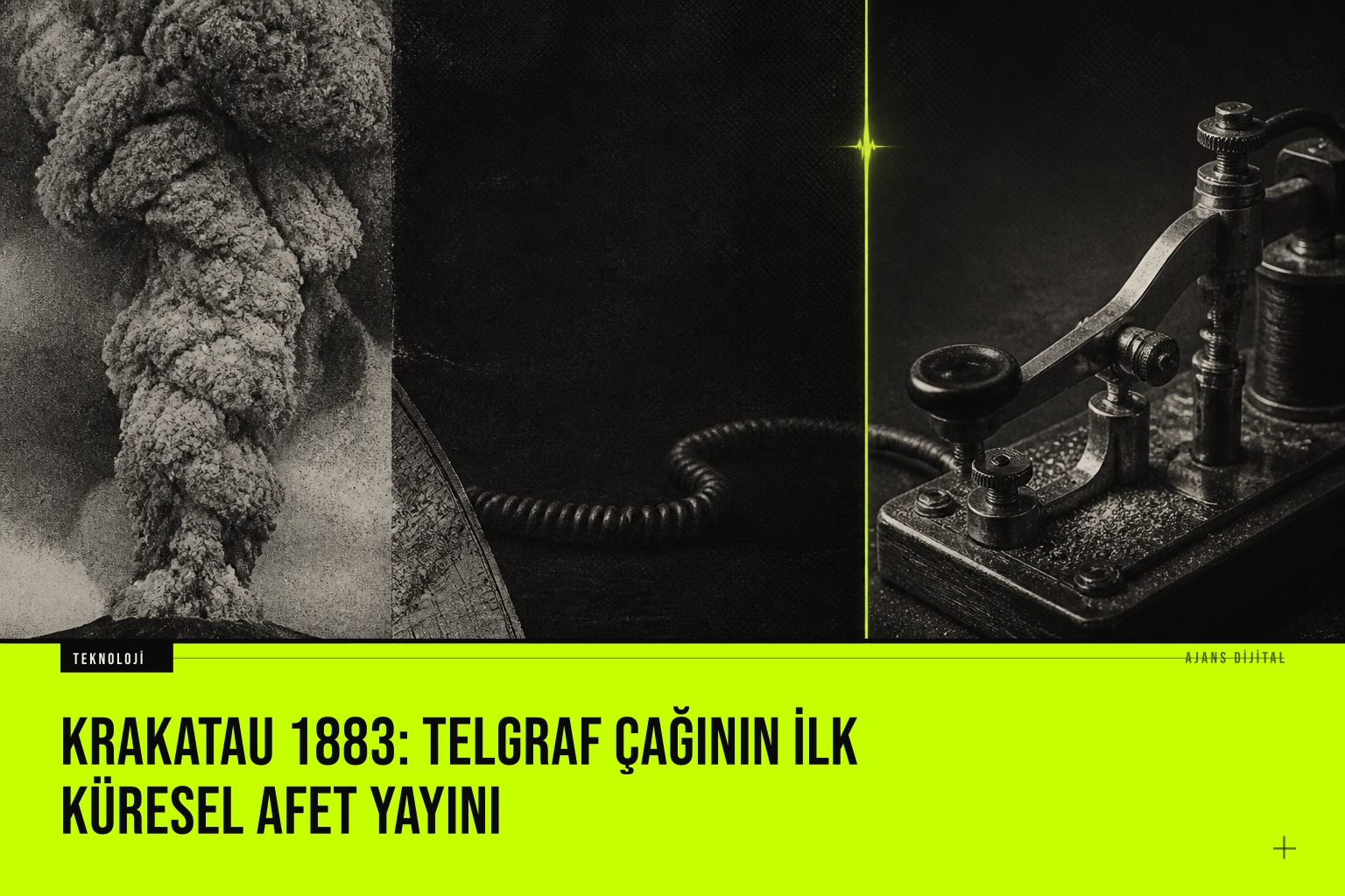 1883 yılında Krakatau volkanının devasa patlamasını ve telgraf hatlarıyla dünya haberleşmesini gösteren tarihi illüstrasyon