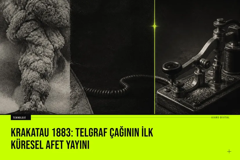 1883 yılında Krakatau volkanının devasa patlamasını ve telgraf hatlarıyla dünya haberleşmesini gösteren tarihi illüstrasyon