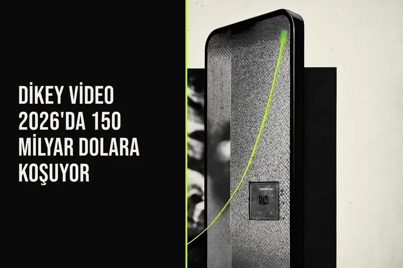 Akıllı telefon ekranında dikey video akışı ve yukarı doğru çıkan grafik çizgileriyle 2026 yılına 150 milyar dolarlık pazar büyümesini simgeleyen dijital illüstrasyon