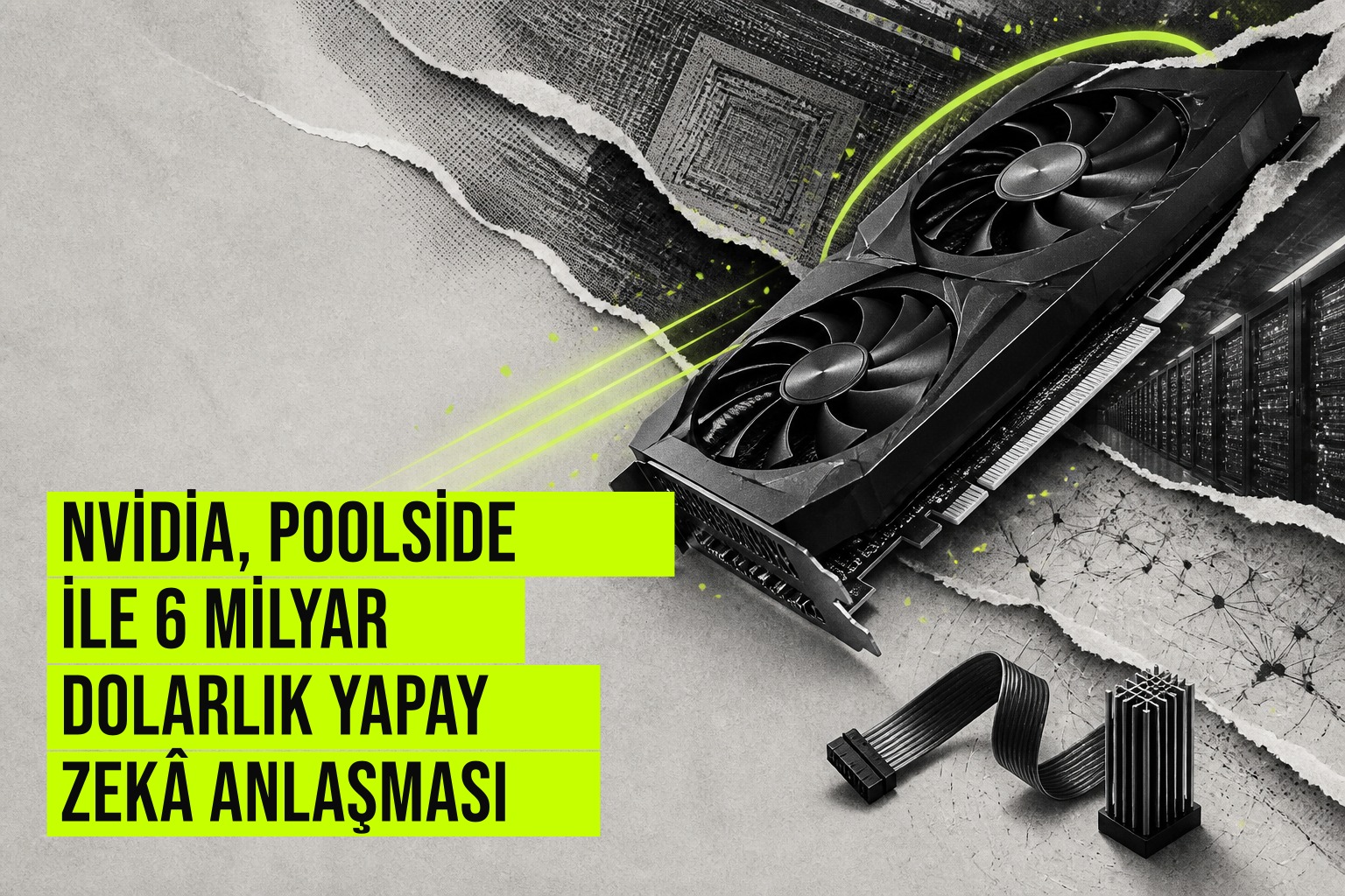 Nvidia ve Poolside logolarının yan yana yer aldığı, 6 milyar dolarlık yapay zekâ işbirliğini ve teknoloji transferini simgeleyen dijital bir kompozisyon.