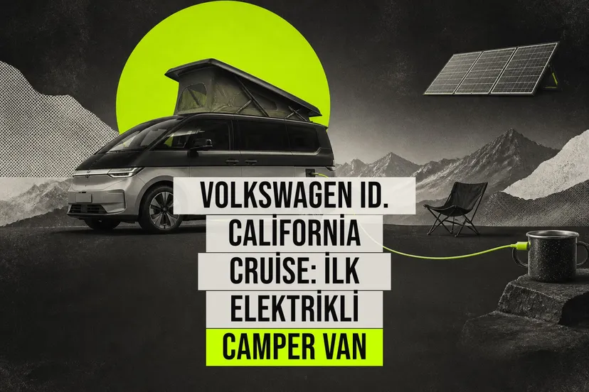 Volkswagen ID. California Cruise elektrikli kamyonet kamp alanında açık çatı ve şarj kablosu bağlı duruyor