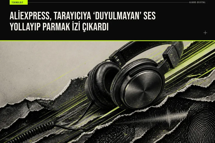 AliExpress ana sayfasının tarayıcılara duyulmayan ses sinyalleri göndererek kullanıcı parmak izi çıkarma yöntemini gösteren şema