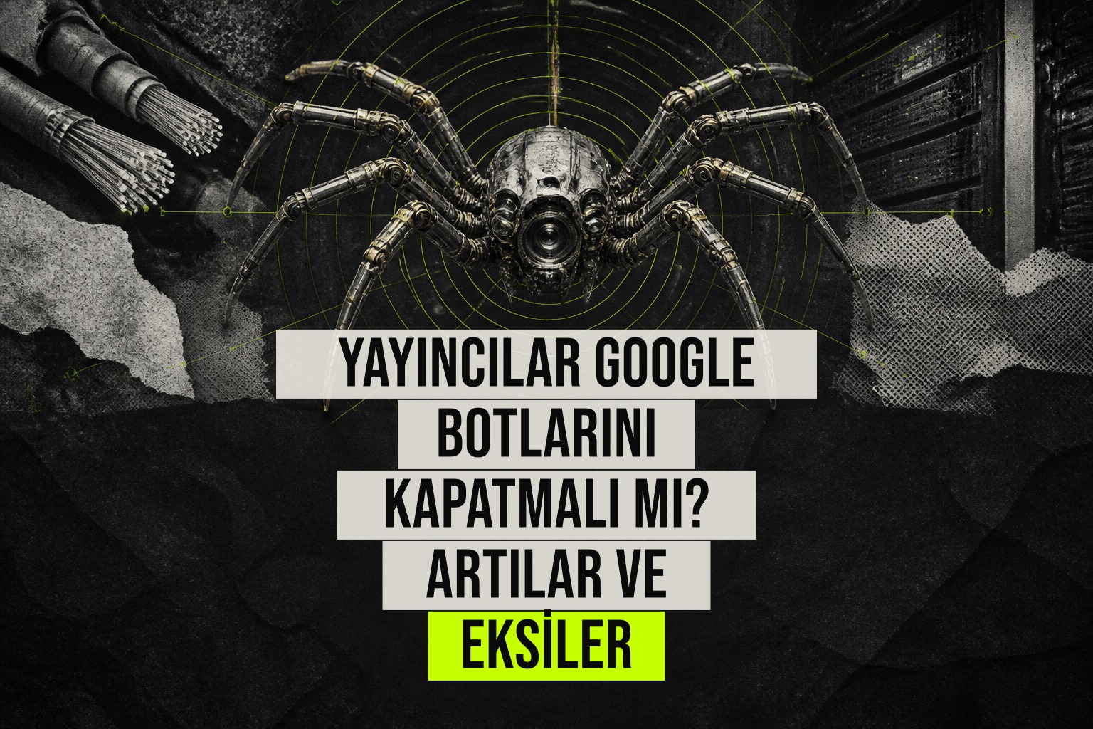 Yayıncıların Google botlarını engelleme seçeneğini tartıştığı, yapay zekâ yanıtları ve azalan arama trafiğini anlatan dijital haber görseli