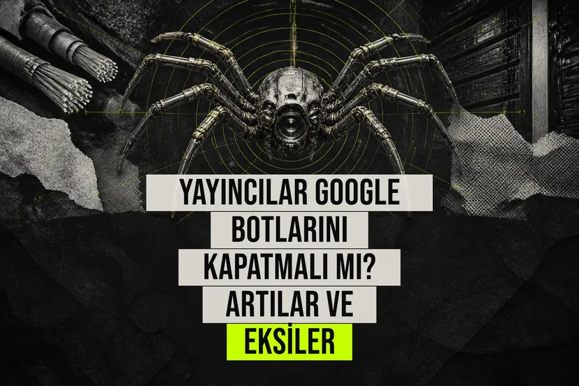 Yayıncıların Google botlarını engelleme seçeneğini tartıştığı, yapay zekâ yanıtları ve azalan arama trafiğini anlatan dijital haber görseli