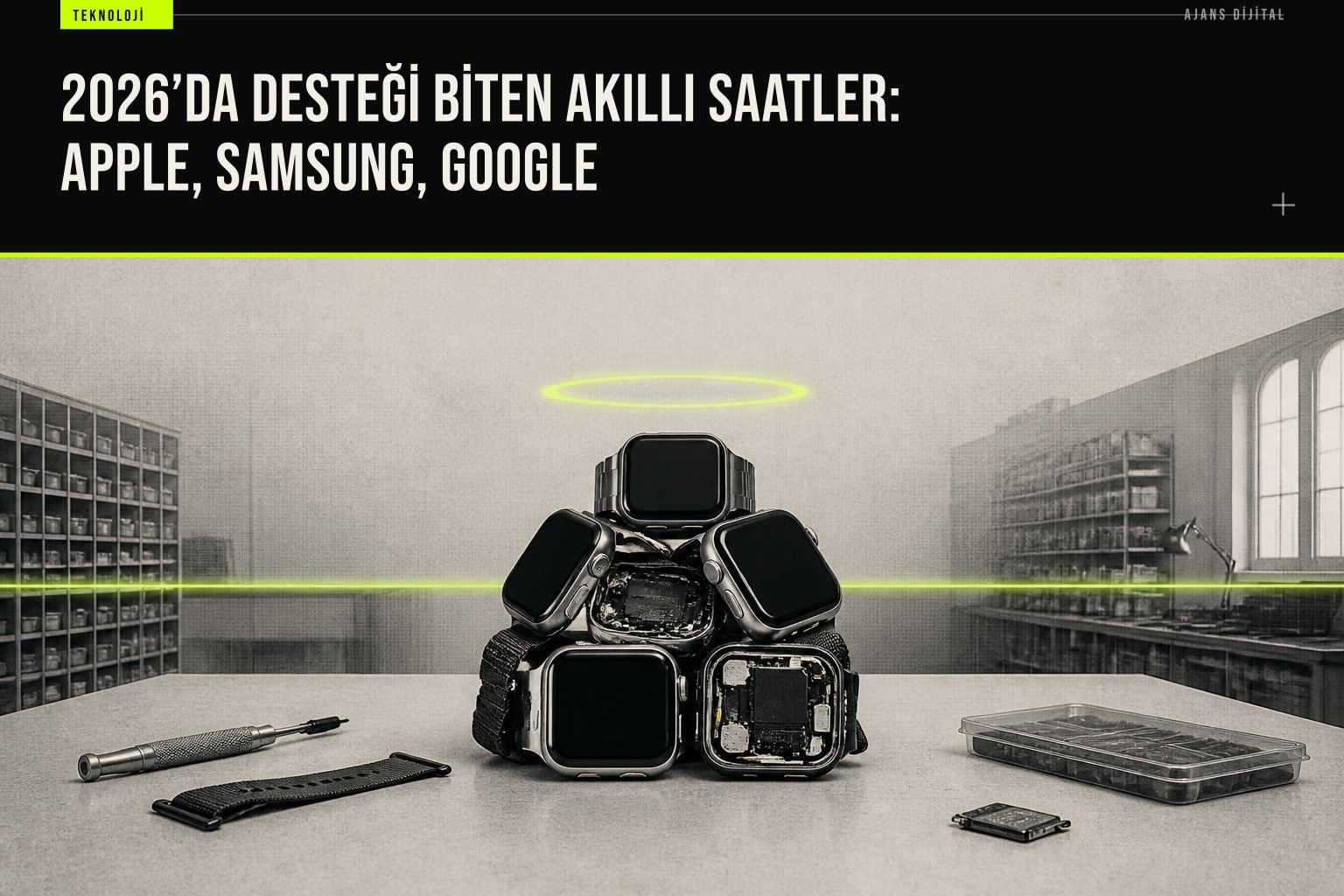 2026 yılında yazılım desteği sona eren Apple Watch, Galaxy Watch ve Pixel Watch modellerinin yan yana duruşu
