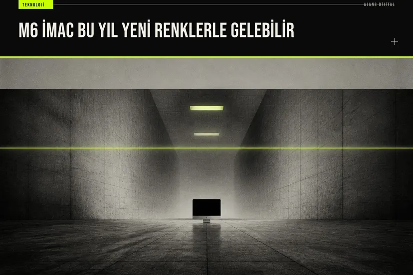 Yeni renk seçenekleriyle beklenen M6 çipli 24 inç iMac masaüstü bilgisayar tanıtım görseli.