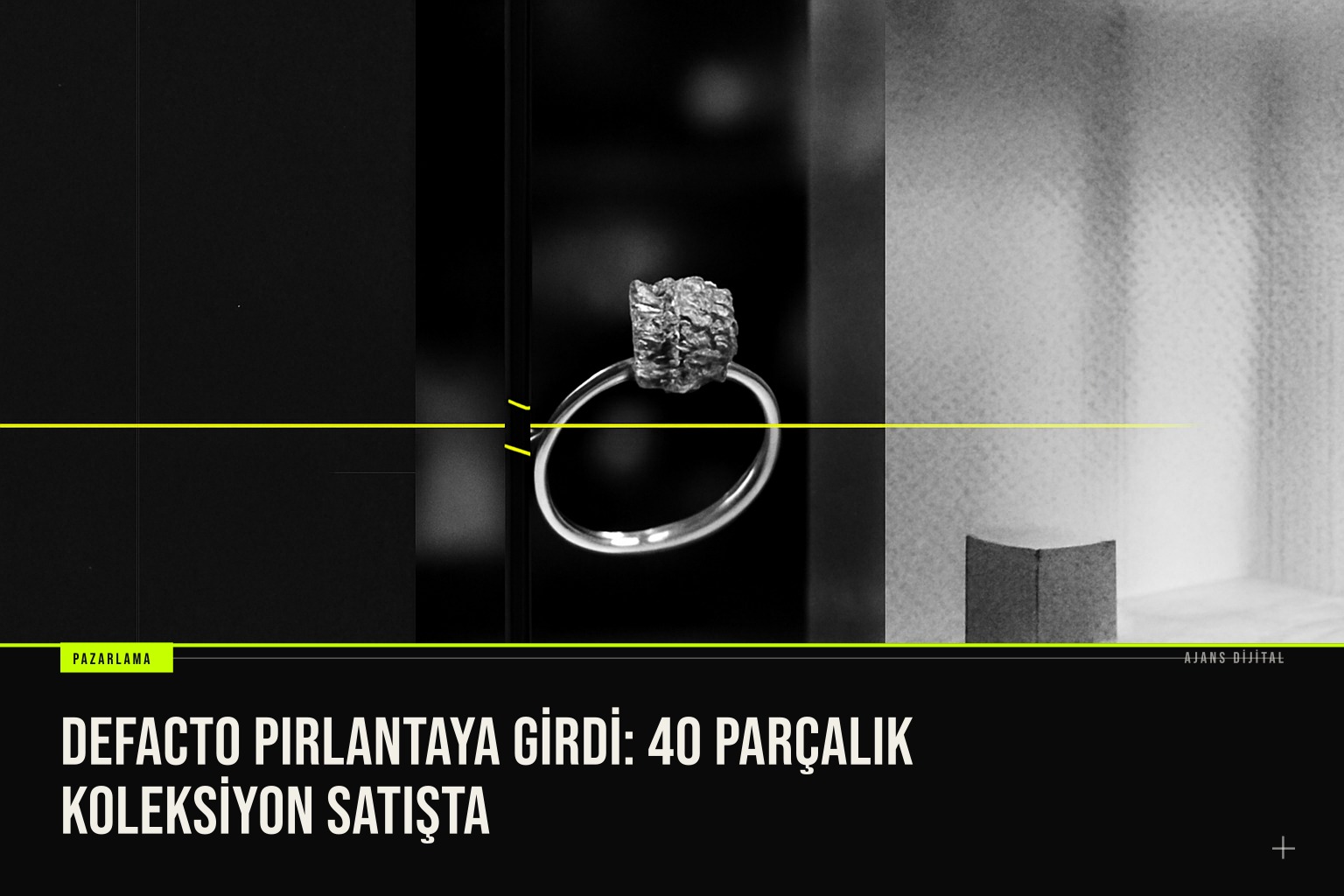 DeFacto mağazasında sergilenen 40 parçalık pırlanta koleksiyonu, gümüş üzerine işlenmiş taşlar ve şık tasarımlarla dikkat çekiyor.