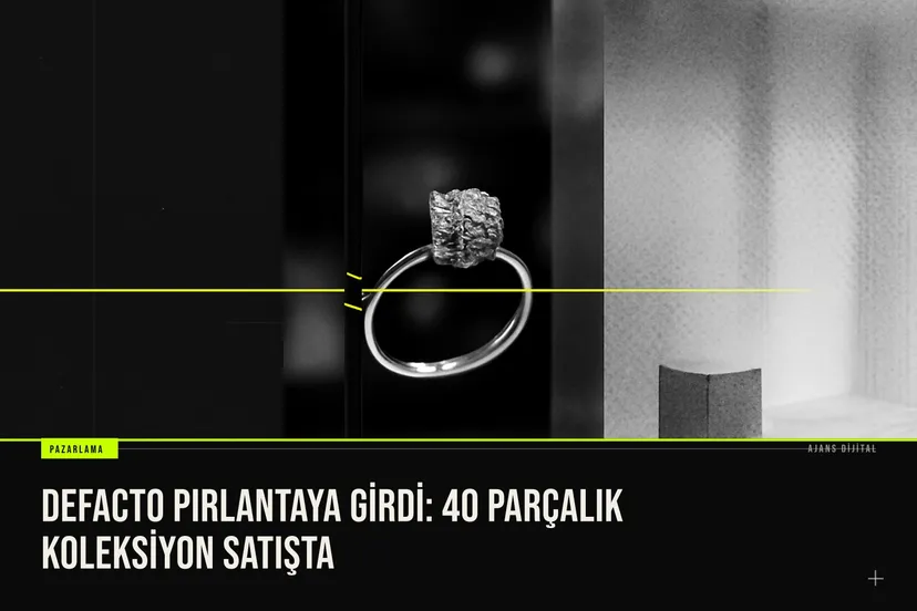 DeFacto mağazasında sergilenen 40 parçalık pırlanta koleksiyonu, gümüş üzerine işlenmiş taşlar ve şık tasarımlarla dikkat çekiyor.