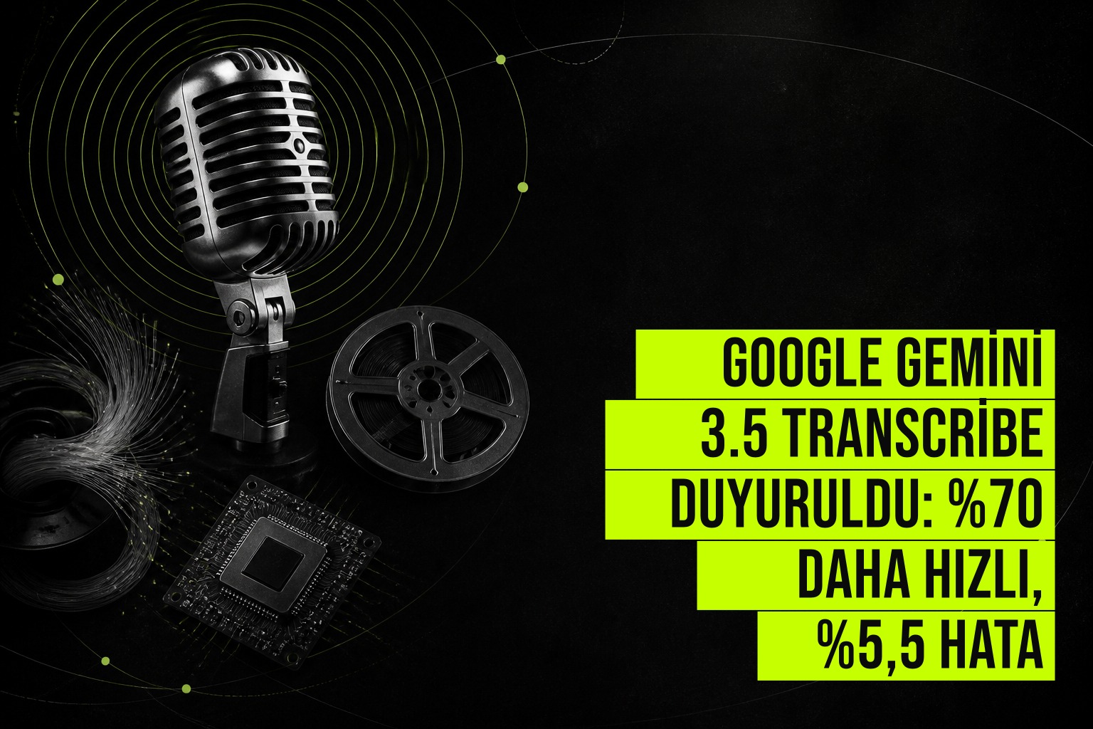 resim, Google Gemini 3.5 Transcribe özelliğini gösteren bir ekran görüntüsü; konuşma metne dönüştürülüyor, %70 daha hızlı ve %5,5 hata oranı.