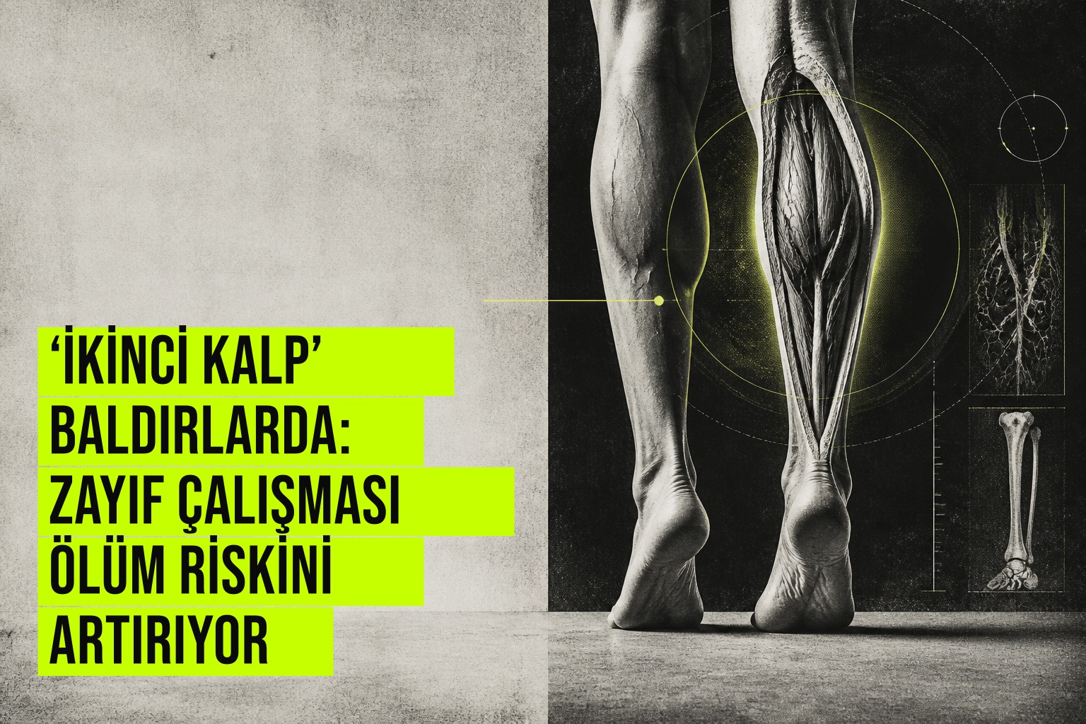 Baldır kaslarının kalbe kan pompalama işlevi gösteren anatomik yapı ve zayıf kasların ölüm riski artırma mekanizmasını anlatan bilimsel illüstrasyon.