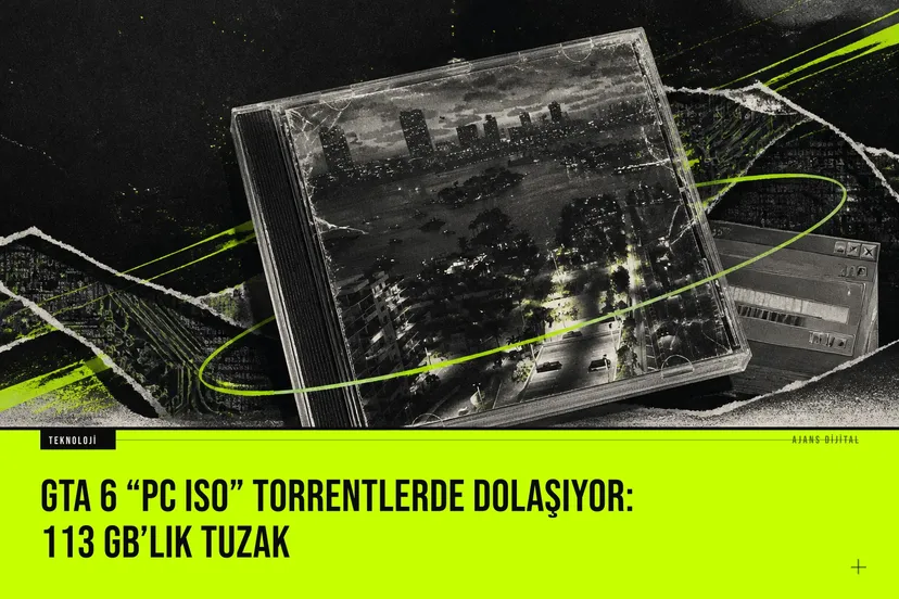 Sahte GTA 6 PC ISO torrent dosyasının 113 GB boyutunda zararlı yazılım içerdiğini gösteren uyarı ekranı ve indirme riski sembolleri.