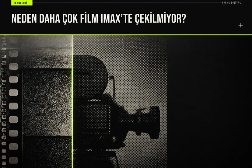 IMAX kameraların pahalı ve ağır olması sebebiyle filmlerin tamamının bu formatta çekilmesinin pratik olmayanını gösteren teknik bir illüstrasyon