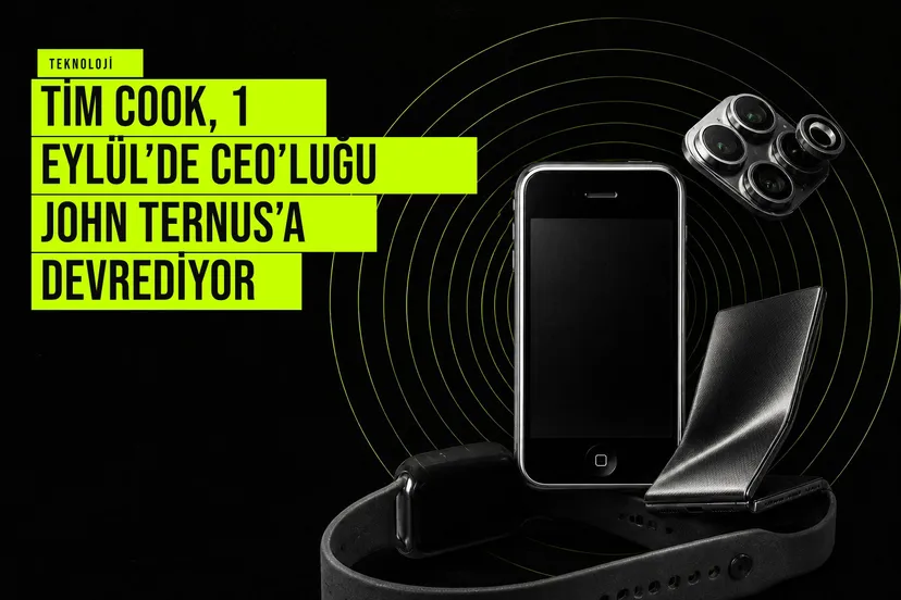 Tim Cook’un Apple CEO’luğunu 1 Eylül’de John Ternus’a devredeceği, şirket yönetiminde yeni dönemin başlayacağı haberini anlatan kapak görseli