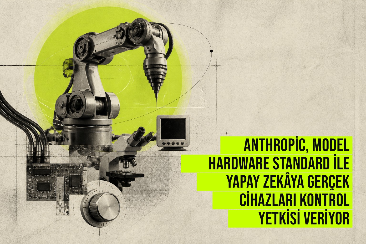 Anthropic'in Model Hardware Standard logosu, yapay zeka ajanının laboratuvar cihazlarıyla tek bir arayüz üzerinden haberleşmesini gösteren şematik diyagram.