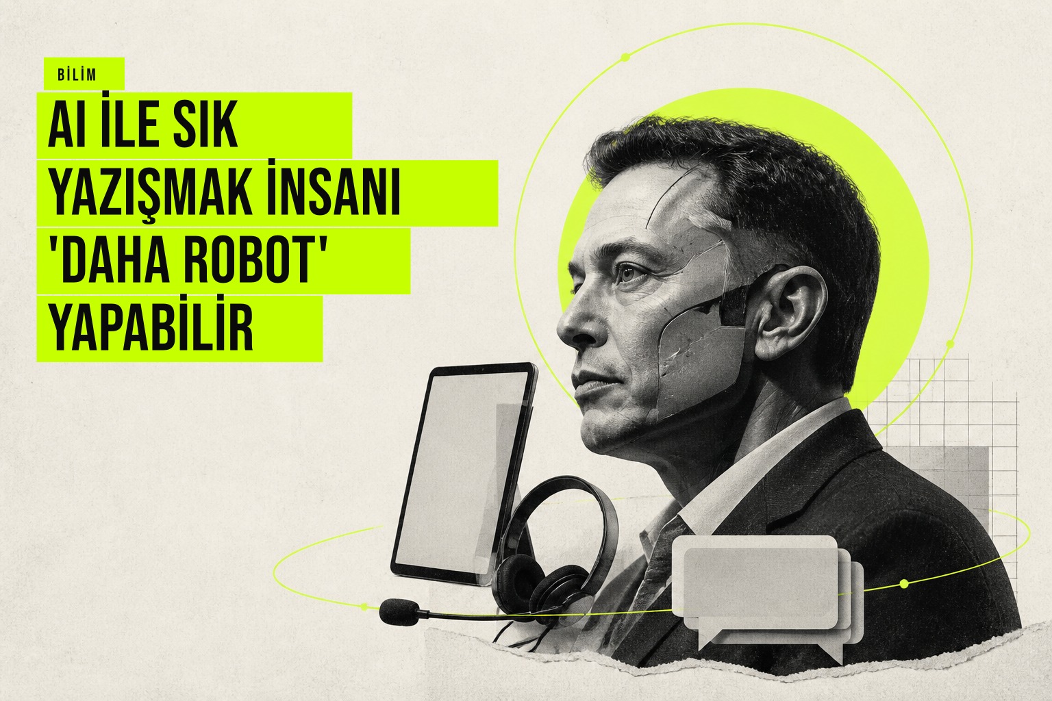 Yapay zeka sohbet botu ile sürekli yazışan bir insanın ifadelerinin zamanla monoton ve makinesi bir ton almasını simgeleyen soyut bir görselleştirme.