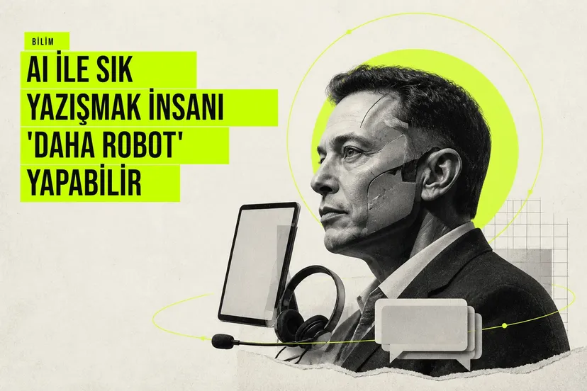 Yapay zeka sohbet botu ile sürekli yazışan bir insanın ifadelerinin zamanla monoton ve makinesi bir ton almasını simgeleyen soyut bir görselleştirme.