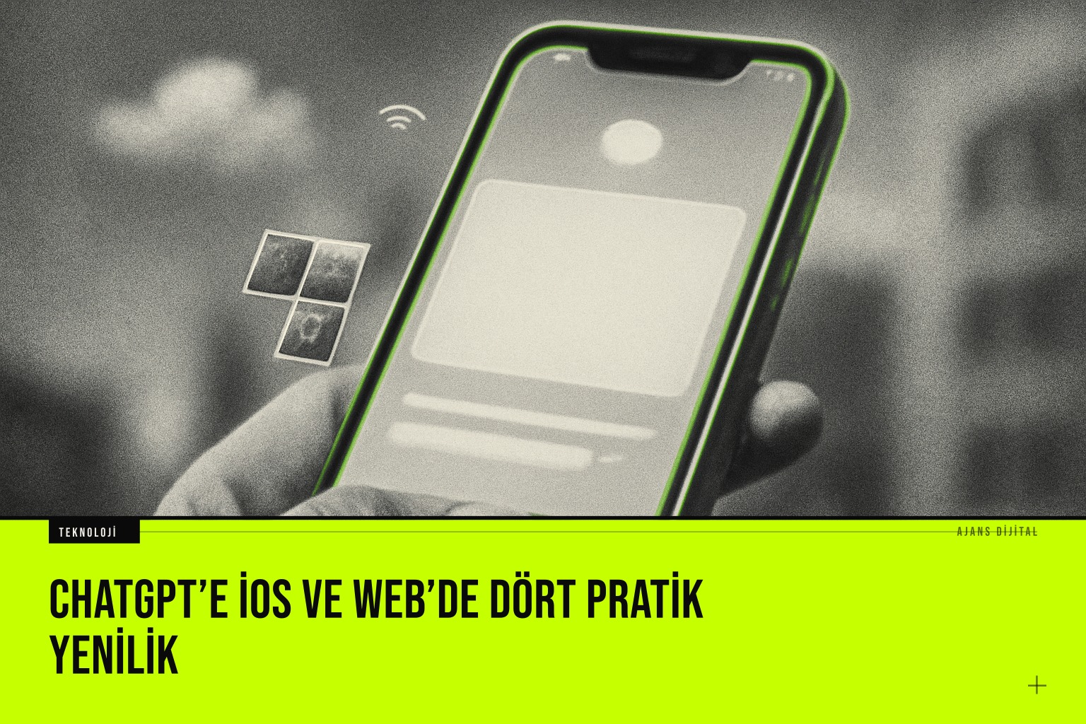 iOS cihazda ChatGPT uygulaması açılmışken yeni fotoğraf ekleme butonu ve güncelleme bildirimi görünüyor