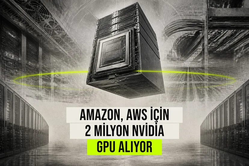 Amazon Web Services’in küresel altyapısını büyütmek için 2027-2028 döneminde milyonlarca Nvidia GPU eklemesini anlatan teknoloji temalı kapak