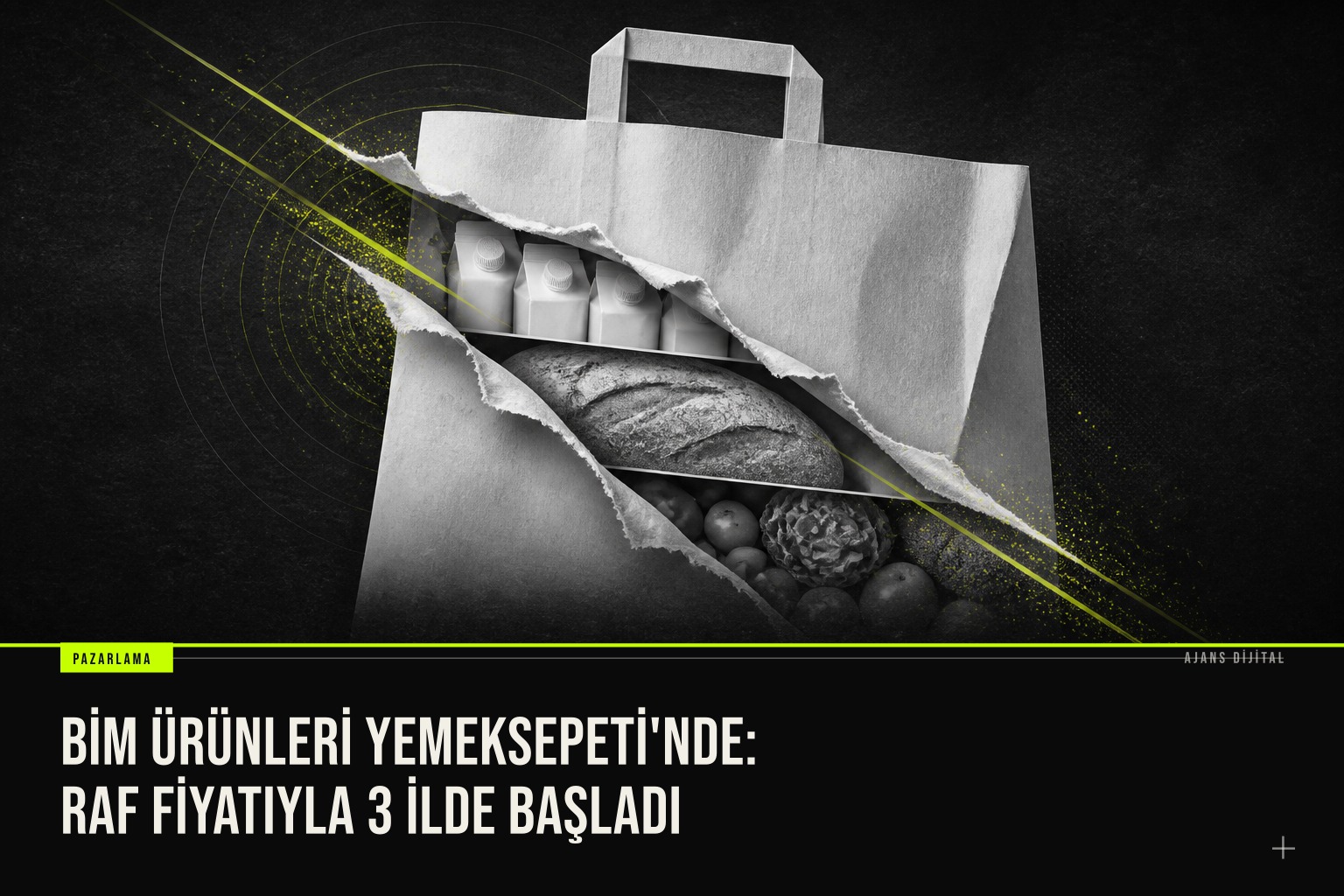 BİM market ürünlerinin Yemeksepeti uygulamasında raf fiyatıyla listelendiğini gösteren bir tanıtım afişi.