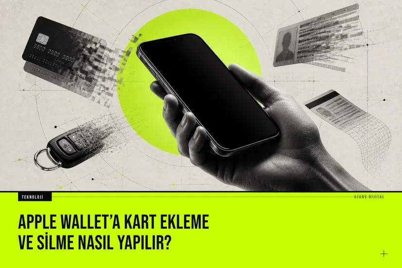 iPhone ekranda Apple Wallet uygulaması açıkken kredi kartı ekleme ve mevcut kartları silme adımlarını gösteren arayüz detayları