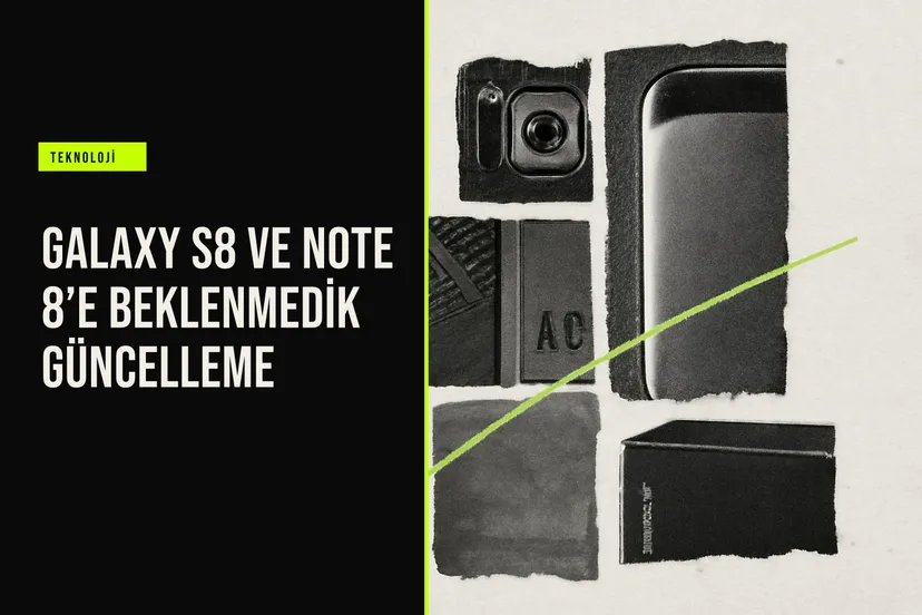 resim, Samsung Galaxy S8 ve Note 8 telefonlarının güncelleme bildirimi ekranını gösteriyor; Android sürümü aynı, odaklı bir paket dağıtılıyor.