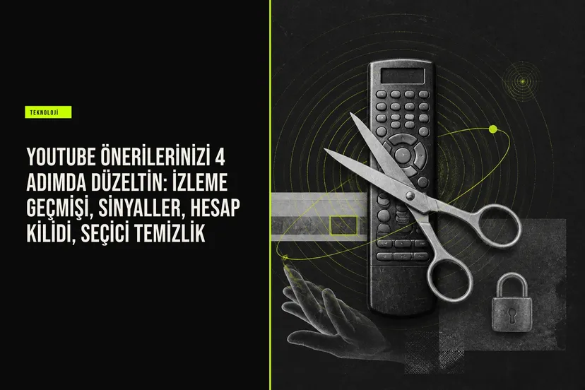 YouTube öneri algoritmasını düzeltmek için izleme geçmişi yönetimi ve sinyal verme yöntemlerini gösteren bir ekran görüntüsü.