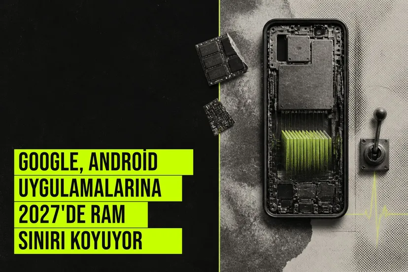 Android logosu ve bellek modülleriyle Google Play'in 2027'den itibaren uygulamalara getireceği RAM sınırlamalarını simgeleyen bir illüstrasyon.