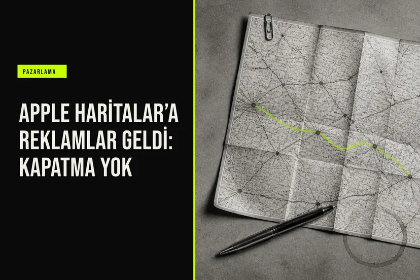 Apple Haritalar uygulamasında arama sonuçlarının en üstünde yer alan ve kullanıcıların kapatamadığı sponsorlu işletme reklamı görünümü