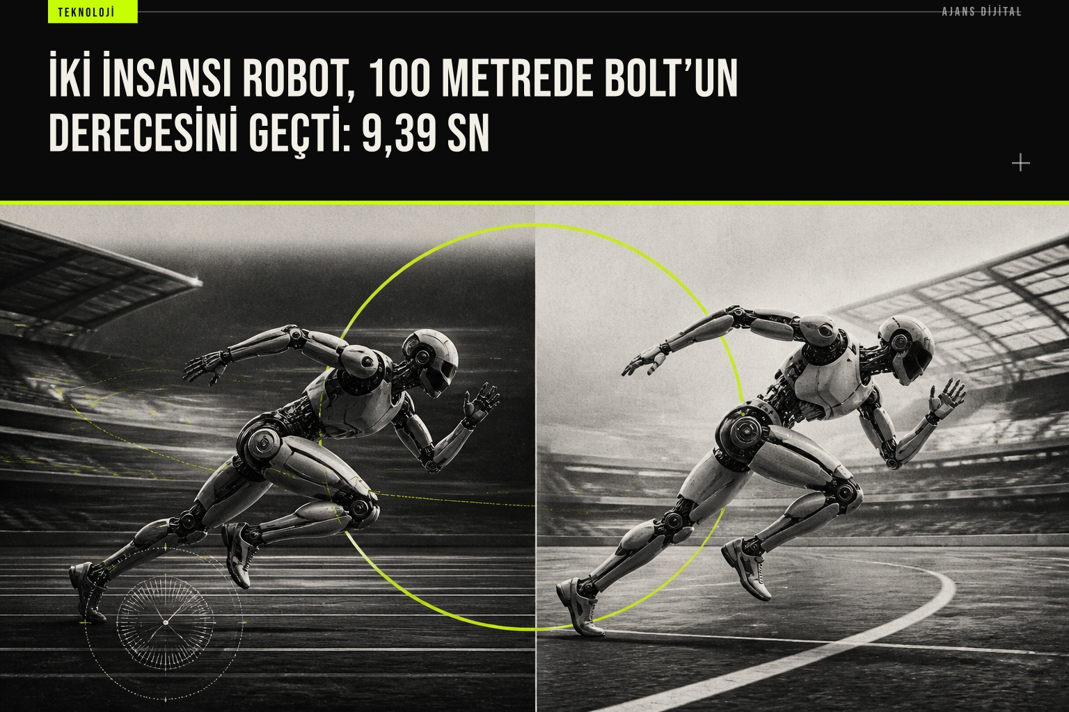 Pekinde World Humanoid Robot Games yarışında 100 metreyi 9,39 saniyede tamamlayan Tiangong Ultra robotu pistte koşuyor.