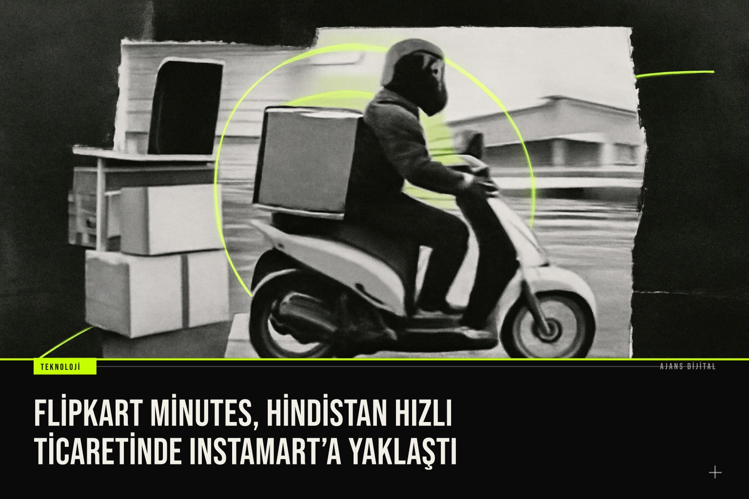 Flipkart Minutes teslimat motosikletleri ve Instamart logolarıyla Hindistan hızlı ticaret rekabetini simgeleyen bir sahne