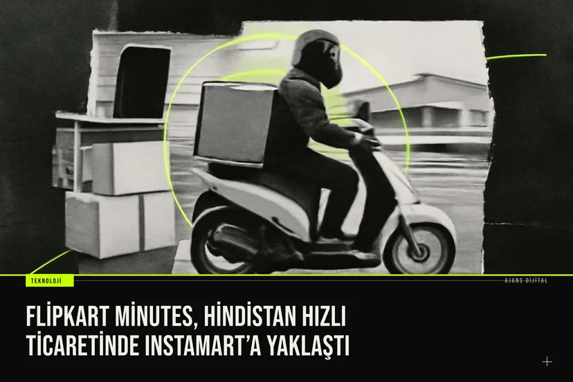Flipkart Minutes teslimat motosikletleri ve Instamart logolarıyla Hindistan hızlı ticaret rekabetini simgeleyen bir sahne