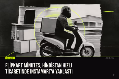 Flipkart Minutes teslimat motosikletleri ve Instamart logolarıyla Hindistan hızlı ticaret rekabetini simgeleyen bir sahne