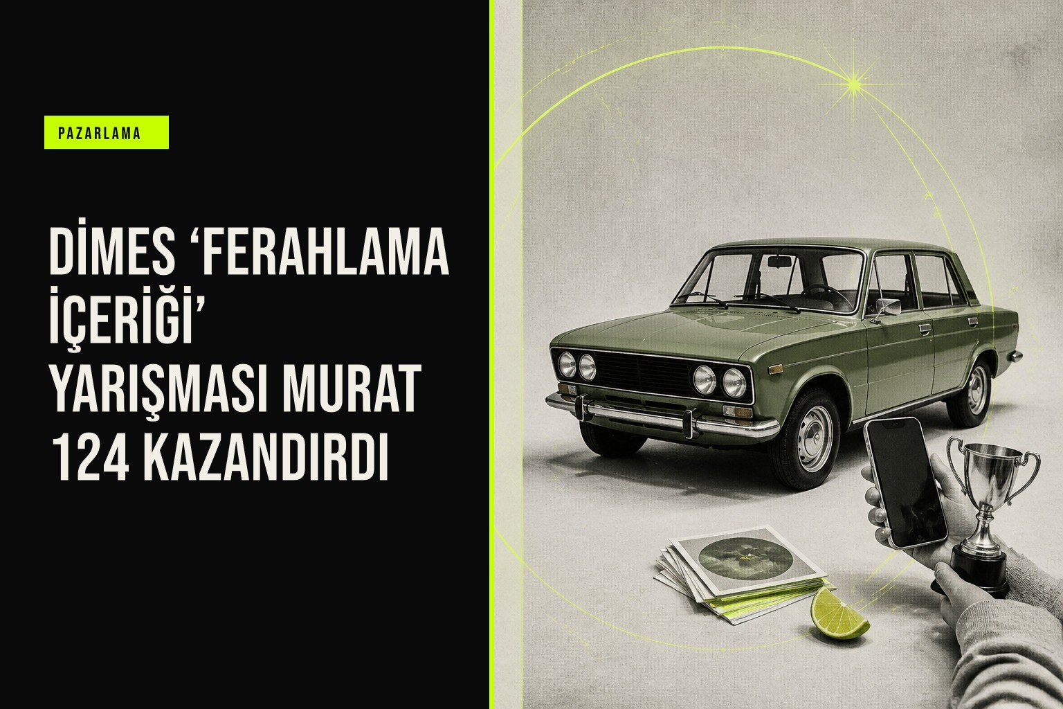 DİMES COOL Mix Ferahlama İçeriği kazananı Duygu Kaya, 1976 model yeşil Murat 124 anahtarlarını alırken mutlu bir an yaşıyor.