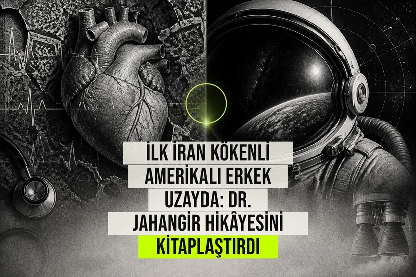 Mavi Origin uçuş takımı giymiş Dr. Eiman Jahangir, uzay yolculuğundan sonra yazdığı A Heart for Space kitabıyla kameralara poz veriyor.