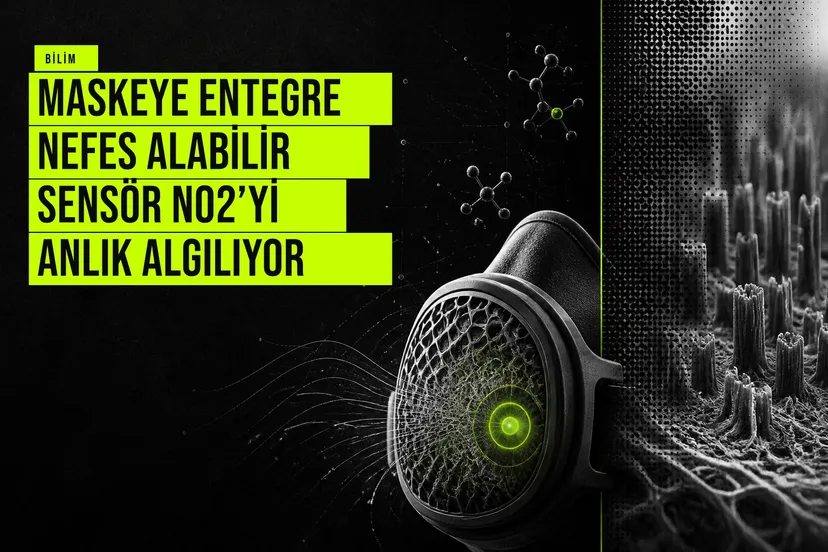 Maske üzerine entegre edilmiş nefes alabilen sensörün yapısı, polimer nanolifler ve grafen nanoduvarlar gösteriliyor.