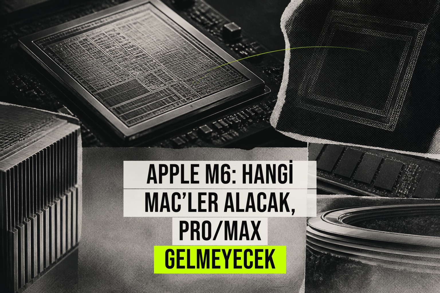 Yeni Mac mini ile tanıtılan Apple M6 çipi logosu ve arka planda M5 Pro çipli MacBook Pro modelleri karşılaştırması.